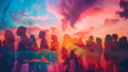 Fototapeta premium Stunning double exposure of silhouetted partygoers against a colorful sunset sky
