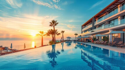 Fototapeta premium Swimming pool of a large mansion at sunset.