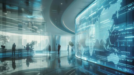 Inside the futuristic office building, hightech hologram interfaces facilitate innovative ways of working and collaboration among employees