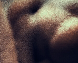 Fototapeta premium Muscle, skin and back of man with art, fitness and bodybuilder with glow, shine and gym aesthetic. Wellness, health and strong athlete with power, flexing and topless closeup of natural body shape