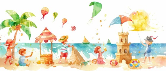 Fototapeta premium Set of watercolors of a joyful family vacation, with kids building sandcastles, in a lively beach setting, with kites flying and ice cream stands, clipart isolated on white