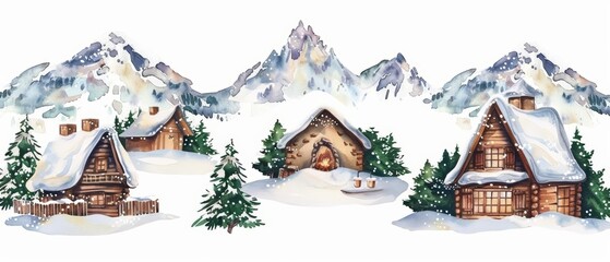 Set of watercolors of a snowy mountain lodge