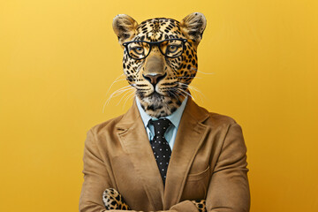 A man wearing a suit and glasses is depicted as a leopard