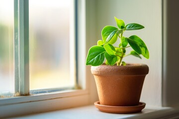 Healthy green plant thrives in a terracotta pot, basking in the natural sunlight streaming through a clean window, symbolizing growth and the importance of nature in home decor