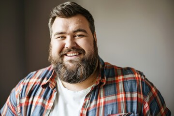 Obraz premium Large Man. Funny Fat Guy with Bushy Beard Smiling in Plaid Shirt - Isolated Portrait