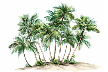 Tall lush green coconut trees in a dense cluster on sandy ground