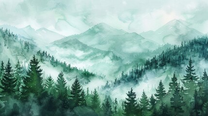 Fototapeta premium Mountain Water Color. Green Forest with Pine Trees Watercolor Illustration for Landscape Design