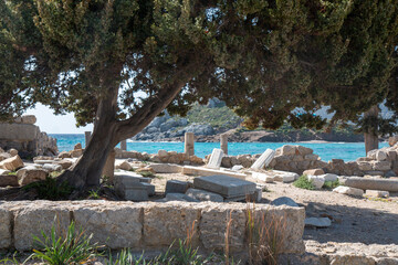 Landscape view of Kastri Island from the Ruins of the Basilica St. Stefanos at Agios Stefanos Beach Kos Island South Aegean Region (Südliche Ägäis) Greece
