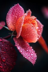 A single pink rose with dew drops on its petals,  close-up with a blurred background.