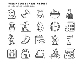 Healthy eco diet plan line icon set. Fresh organic vegetable. Woman planning diet with fruit and vegetable. Flat outline icons of healthy food, meal planning, nutrition consultation, balance diet