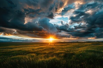 Sunset Field Clouds - Horizontal View of Scenic Iceland Landscape with Sunlight Casting Warm Glow on Grassy Field