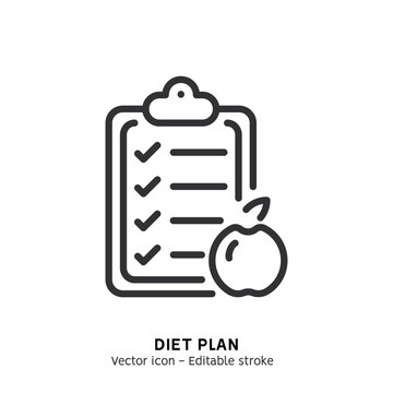 Healthy eco diet plan line icon. Fresh organic vegetable. Woman planning diet with fruit and vegetable. Flat outline icon of healthy food, meal planning, nutrition consultation, balance diet