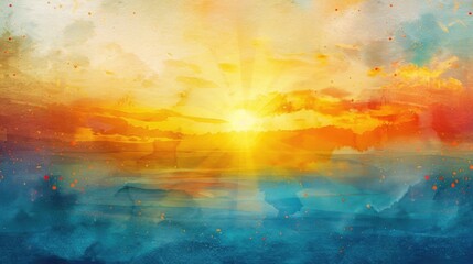 Fototapeta premium Sunrise Painting. Abstract Watercolor Background with Sunbeam and Sunlit