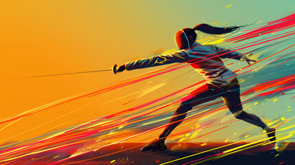 lunge, attack, fencer female Side view of image with a focus on a dynamic stride, energy and motion, vibrant colors, abstract background, Olympic