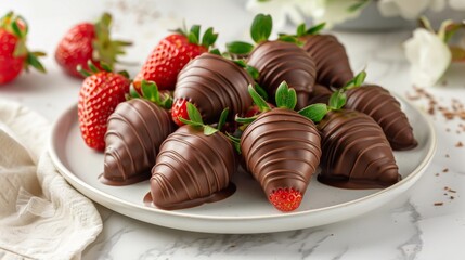 Plate of Chocolate Covered Strawberries on Table