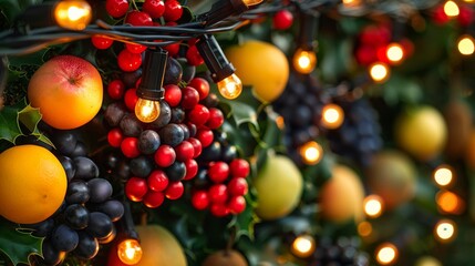 Pattern of Christmas lights and summer fruits