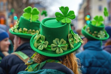Fototapeta premium Costume Hats at Saint Patrick's Day Parade in Dublin: Green Symbols of Irish Patriotism
