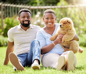 Black couple, portrait and relax in outdoor with dog, nature date and peace in park on holiday....