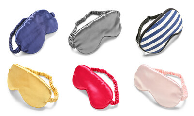 Collage of stylish sleep masks on white background
