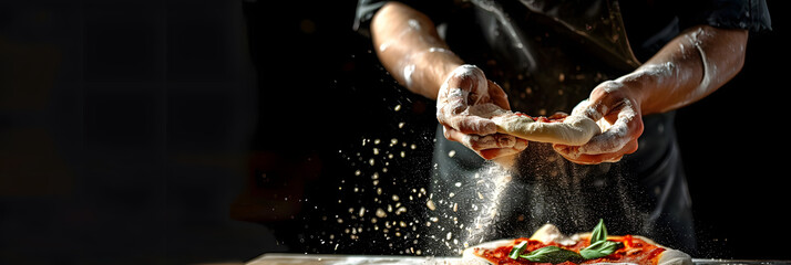 male hands making dough for pizza with flour scattering. banner, menu, recipe, place for text