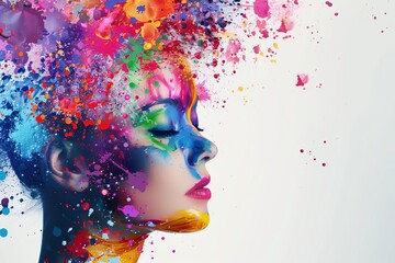womans face with multicolored paint splatters and hair shaped like womans head creative portrait