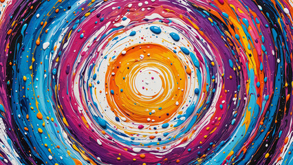 Colorful liquid thick acrylic paint with bold strokes swirling in fantasy spiral on canvas. Vibrant colors mix in chaotic spiral symphony made from oil dripping liquid paint splashes and brushstrokes