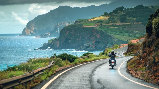 A motorbike cruises freely on а coastal road. The scenic route, with ocean views and winding curves, offers a sense of freedom and adventure on this motorcycle tour journey