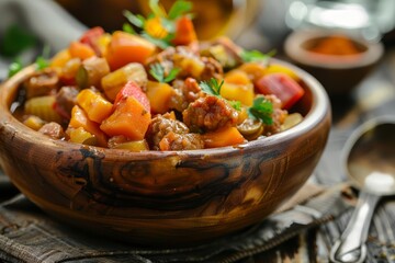 wooden bowl filled with hearty meat and vegetable stew rustic homemade meal