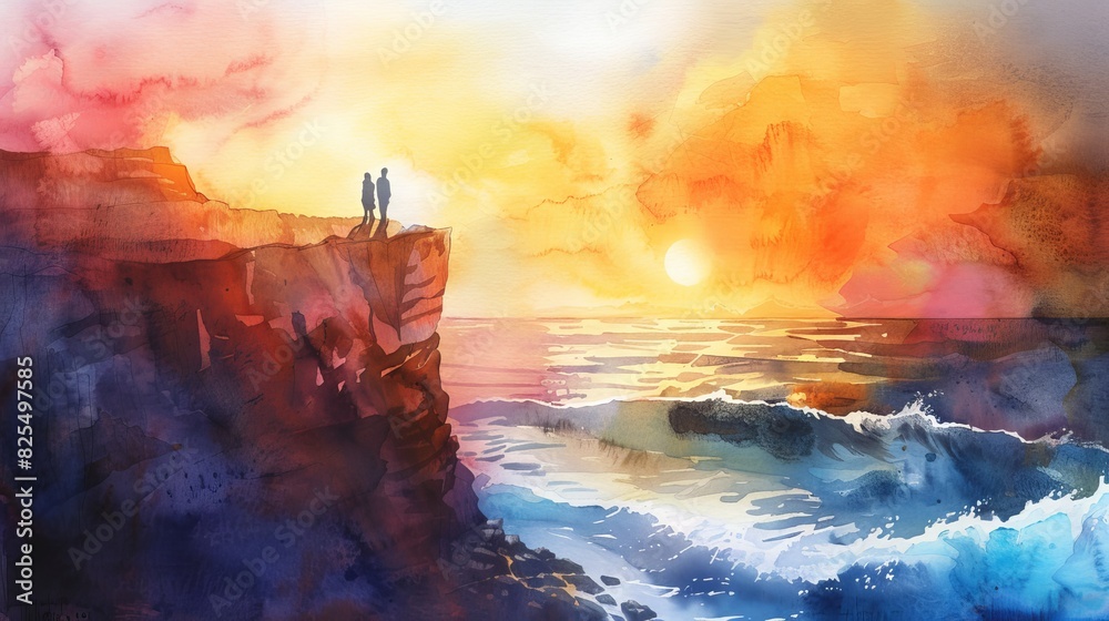 Wall mural whimsical watercolor painting of a couple watching the sunrise - Wall murals