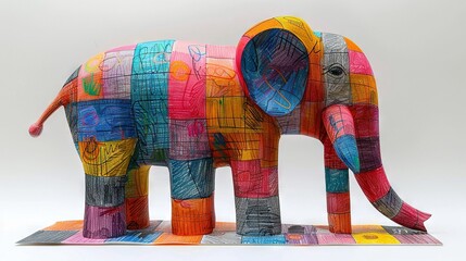   A multicolored elephant statue sits atop a sheet of paper with writing on its trunk