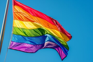 Colorful pride flag waves proudly in the wind with a vivid blue sky as the backdrop, symbolizing lgbtq+ rights, diversity, and the celebration of love and acceptance