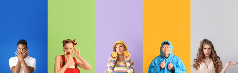 Set of emotional people on color background