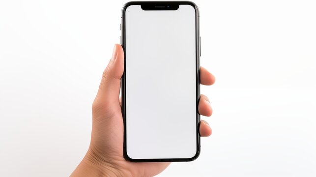 Close-up view of a hand holding a modern smartphone with a blank screen in portrait mode