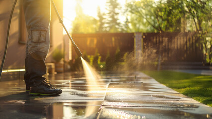 Man using pressure washer to clean concrete driveway. Power washing with electric pressure washer. Home maintenance work