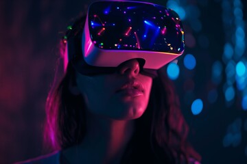 Young woman is immersed in virtual reality, wearing a vr headset against a backdrop of vibrant neon lights reflecting an advanced, technology-driven sensory experience