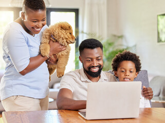 Happy, black family and laptop to relax with dogs at house in kitchen browsing internet for online...