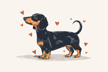 Hand Drawn Illustration of Black and Tan Dachshund with Red Hearts