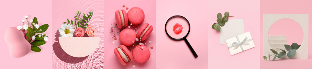 Collage of different items on pink background