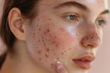 Close-up of a young woman with freckles applying treatment cream to her acne-prone skin, showcasing the natural beauty and skincare routine with a focus on dermatology and personal care