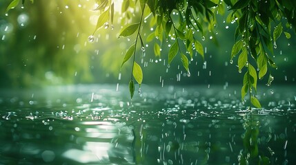   A lush green tree, hanging above a serene body of water, its leaves shedding droplets of water - Powered by Adobe