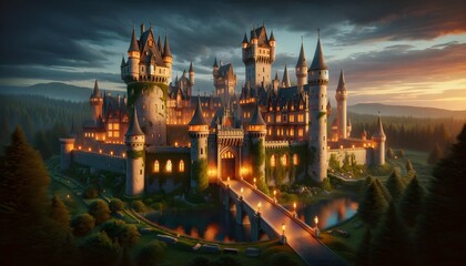 Fototapeta premium A cozy castle scene featuring a warm, inviting castle with glowing windows, surrounded by lush greenery and a serene river at twilight.