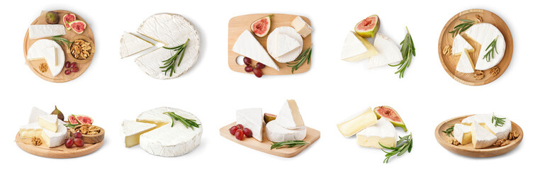 Set of tasty Camembert cheese on white background