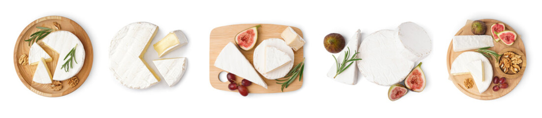 Collage of tasty Camembert cheese on white background, top view