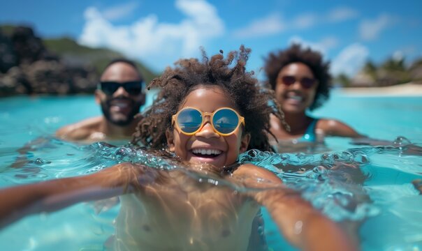 African happy curly boy swimming with his parents in the blue sea