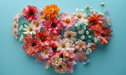 Floral summer spring composition. Wreath frame made in form of heart of colored flowers on blue background