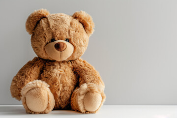 Obraz premium Cute brown plush teddy bear sits against a clean. White background with a soft shadow. Representing comfort. Childhood nostalgia. And innocence in a minimalist composition ideal for a variety of uses