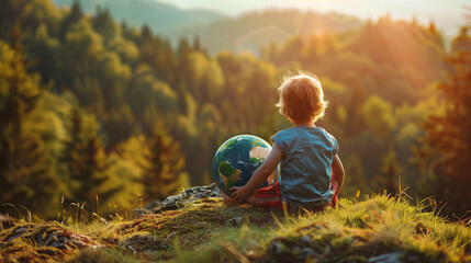 "Child Play Earth Planet Ball Toy on Forested Hill - Earth Day Concept"