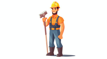 Builder man holding an axe and wearing safety helme