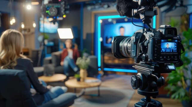 A behind the scence image of movies and TV interviews in a studio with the modern video camera and digital display recording.