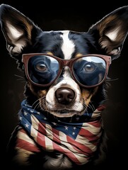 T-shirt design: pimped-out (dog), American flag, black background